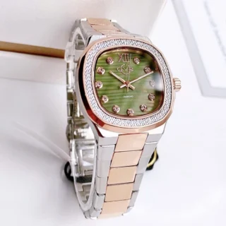 Đồng hồ nữ GV2 by Gevril 18207B 33mm khảm trai xanh lá kim cương 2-tone rose gold form Nautilus mặt trước