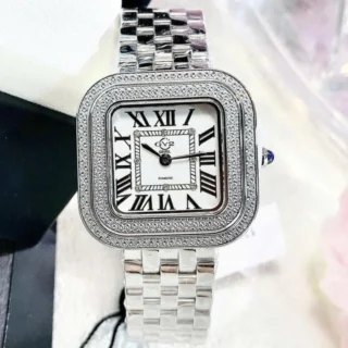 Đồng hồ nữ GV2 by Gevril Bellagio 12130B Limited 999 chiếc 30mm mặt vuông kim cương full silver steel mặt trước