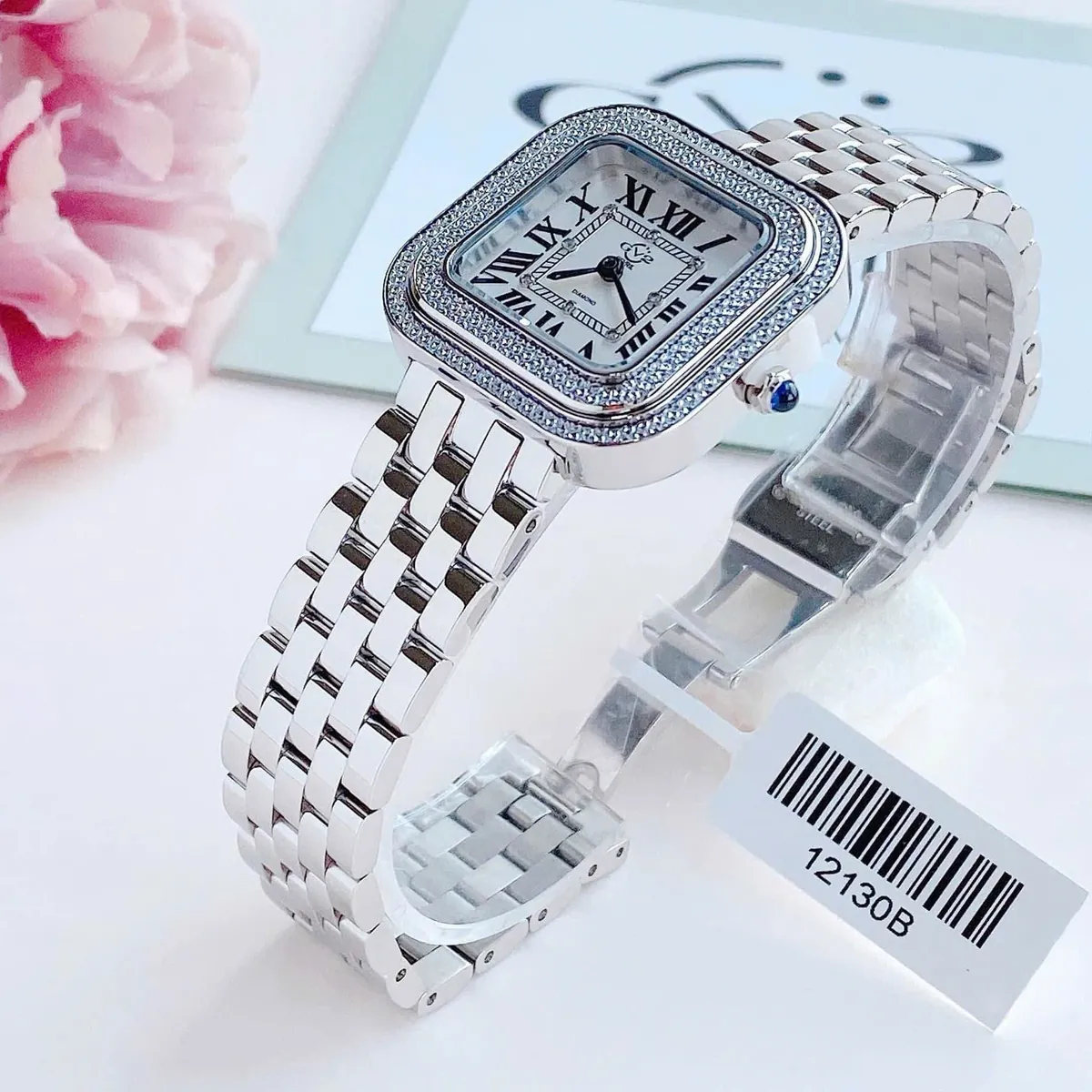 Đồng hồ nữ GV2 by Gevril Bellagio 12130B Limited 999 chiếc 30mm mặt vuông kim cương full silver steel side angle tag