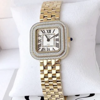 Đồng hồ nữ GV2 by Gevril Bellagio 12132B Limited 999 chiếc 30mm mặt vuông kim cương full gold Panthère style mặt trước studio