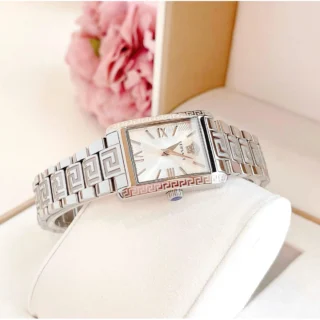 Đồng hồ nữ Versace Tonneau Silver Greca 28x35mm mặt trước